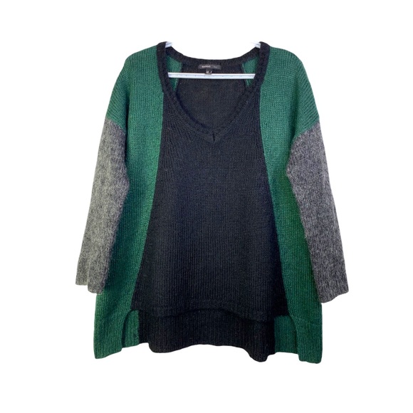 Mango Colorblock V-Neck Wool Blend Sweater High Low Drop Sleeve Gray Green Black - Picture 1 of 15